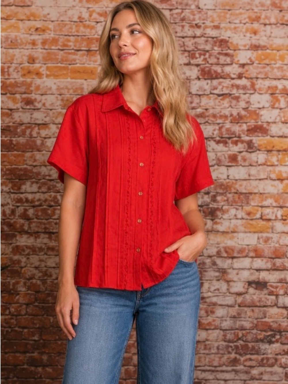 Due Per Due Veste Orange Floral Embroidered Linen Button Down Blouse